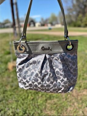 Coach Gray Signature Shoulder Bag with Leather Trim